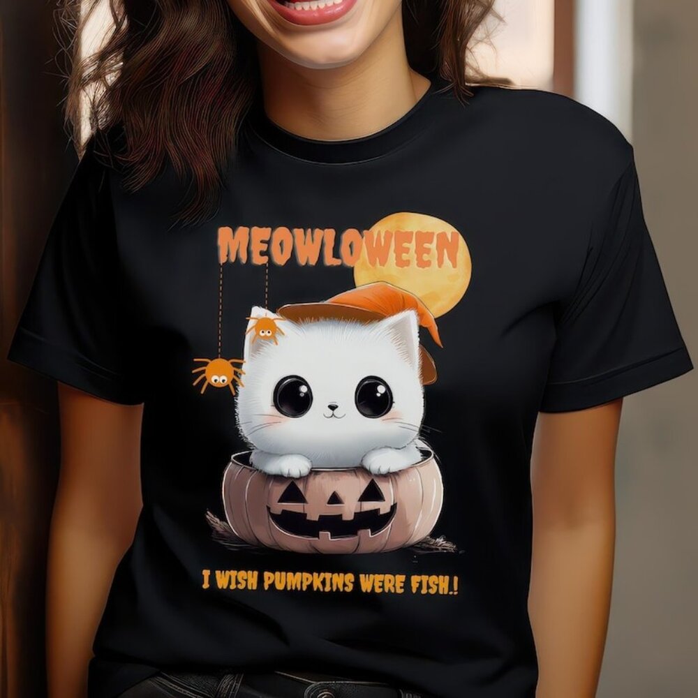 Meowloween Delight Cute Kitten T Shirt in Pumpkin Halloween Trend